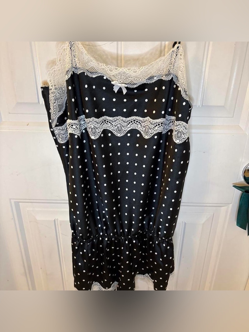 Y2K mcbling Victoria’s Secret black satin lace trim polkadot romper